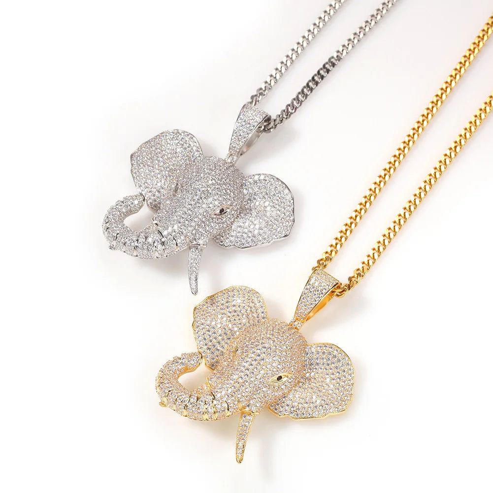 Hip Hop Cubic Zirconia Pave Bling Iced Out Elephant Pendant Animal Necklace Men Women Hip Hop Cool Rap Jewelry Birthday Gift