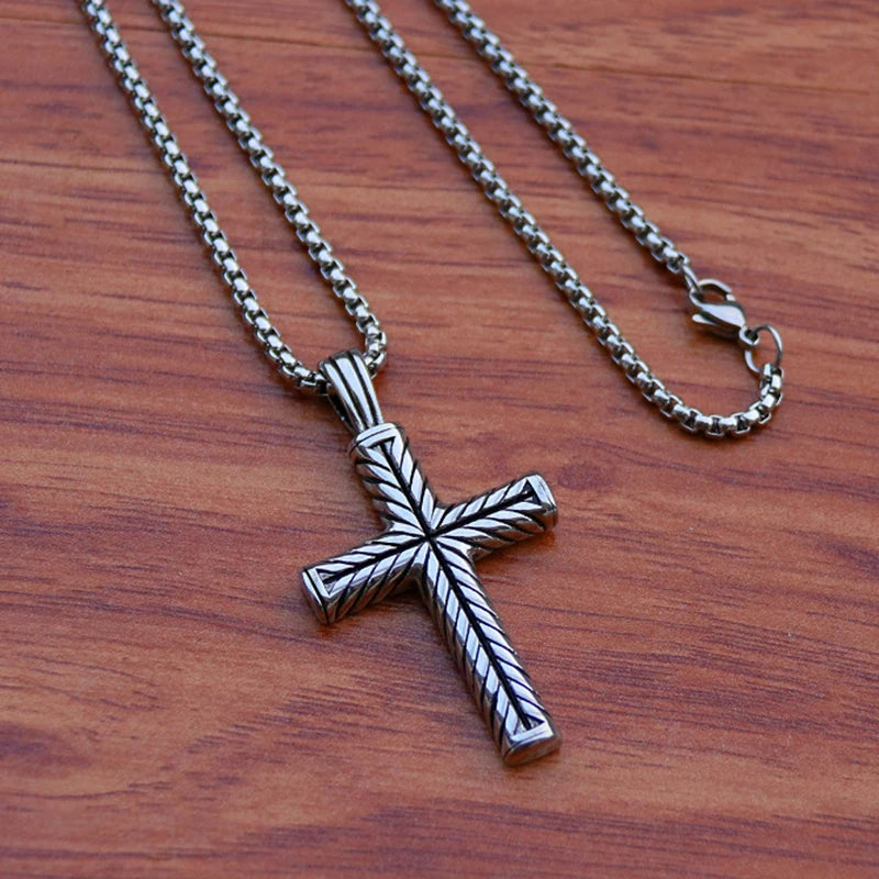 Twisted Pattern Cross Pendant Necklace Retro Simple Stainless Steel Chain Silver Color Hip Hop Jewelry Gifts For Women Men