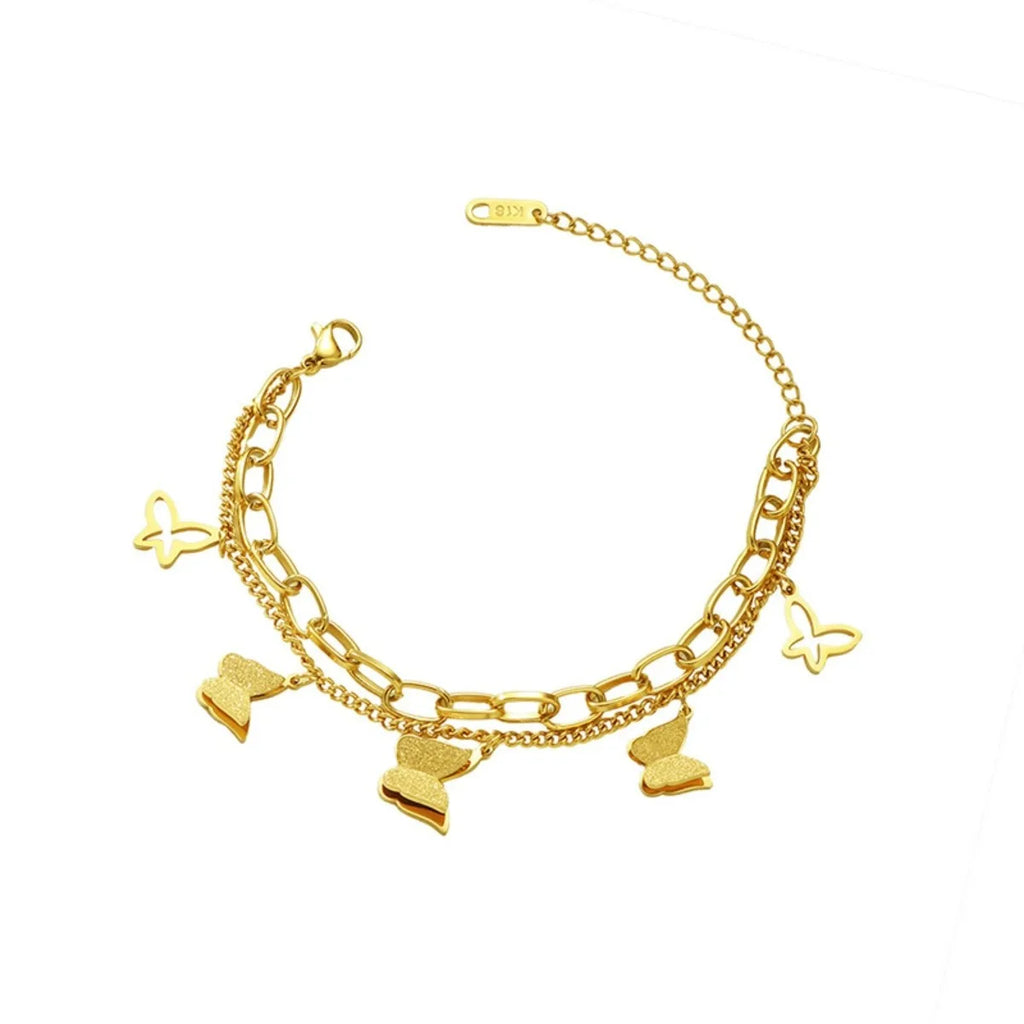 Stainless Steel Double Layer Butterfly Bracelet For Women Girls Gold Color Non-fading Hand Chain New Trendy Party Jewelry Gifts