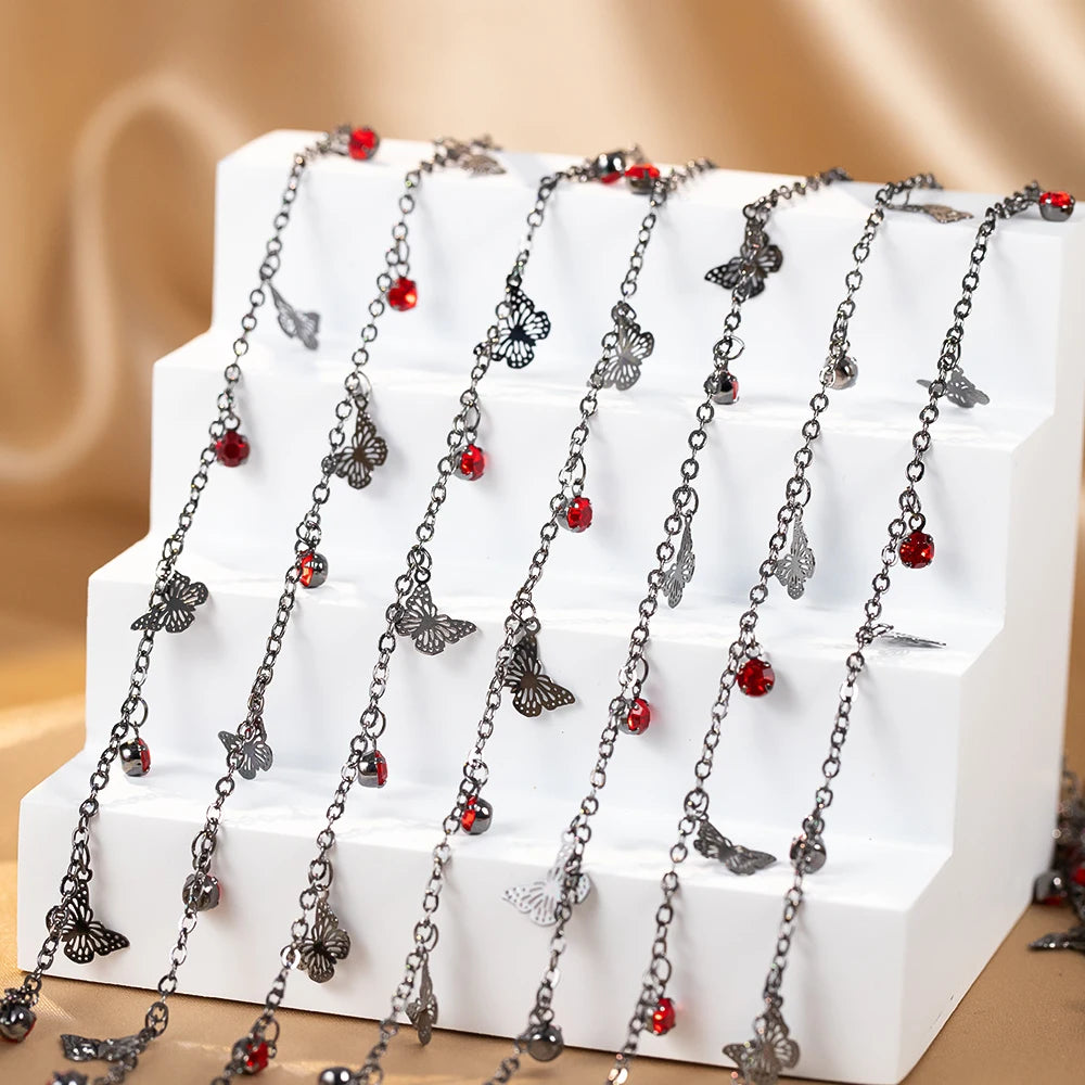 100CM 50CM Red Crystal Bead Charms Butterfly Pendants Gunblack Copper Chains For Jewelry Making DIY Necklaces Bracelets Chains