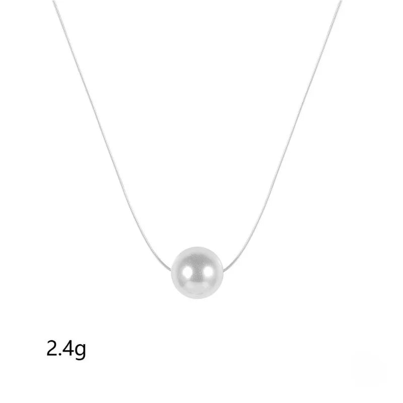 Transparent Fishing Line Invisible Pearl Zircon Necklace Simple Round Bead Choker Pendant Delicate Ladies Short Necklace Fashion