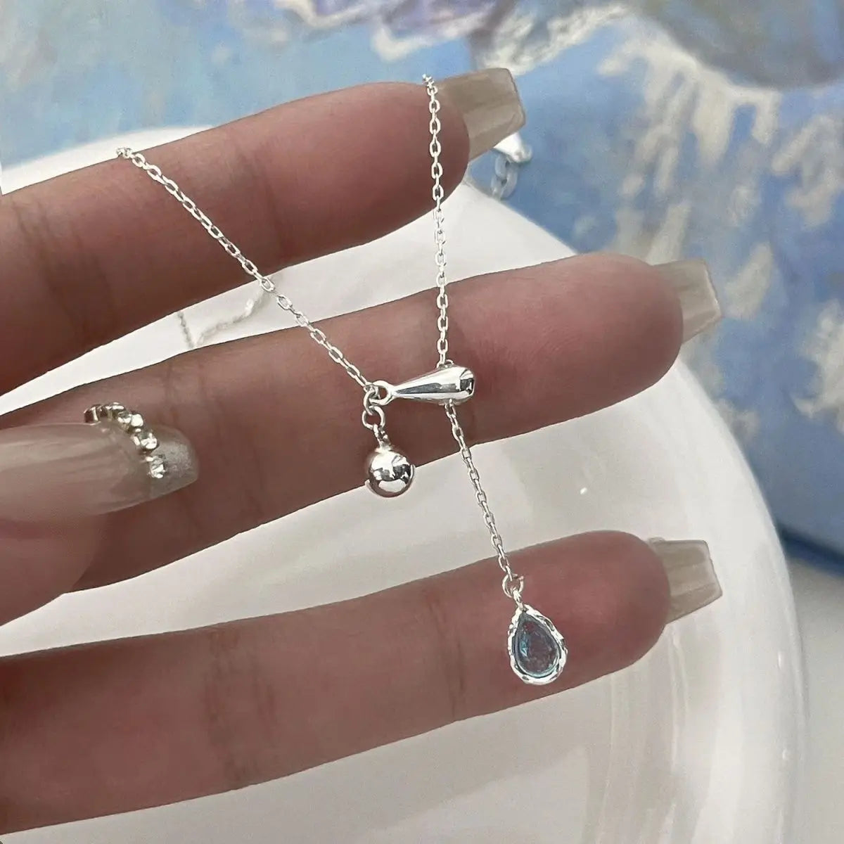 Fashion Blue Zircon Water Drop Shape Necklace Simple Style Charm Ladies Pendant Choker Gift Korean Trend Jewelry 도매
