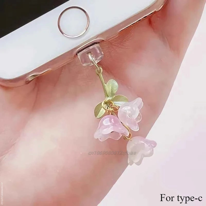 1PC For Phone/Type-C Interface Cute Pink Lily Of The Valley Phone Charm Flower Green Leaf Dust Plug DIY Accessories