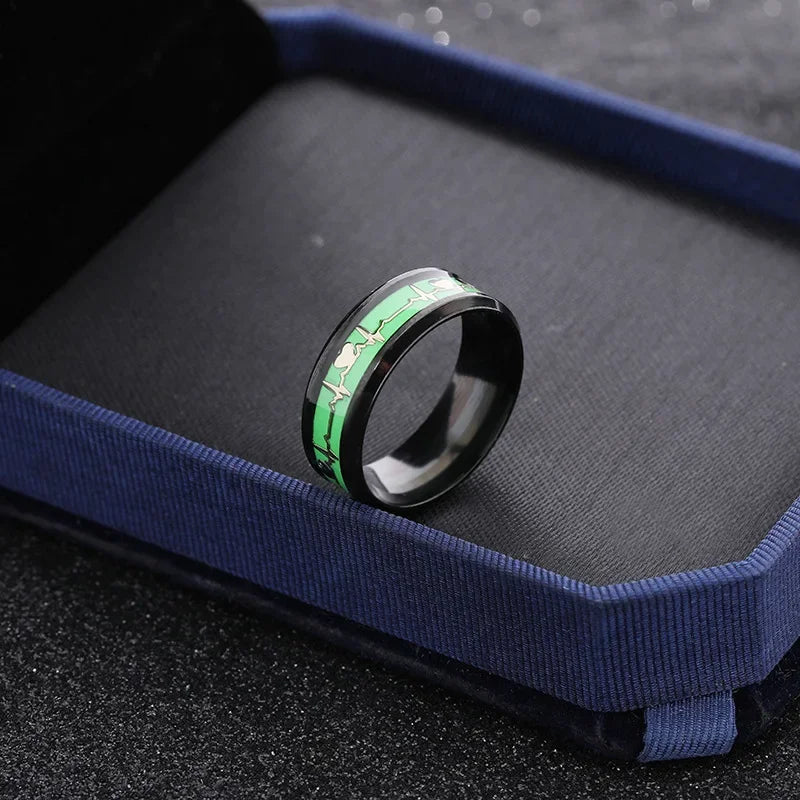 Fashion Love Heart Glow Rings Luminous Titanium Steel Teenager Heartbeat Fluorescence Couple Rings for Boys Girls Gifts