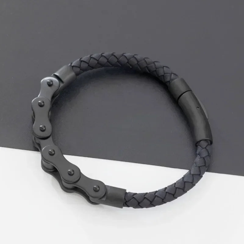 Retro Punk Bicycle Chain Hand Woven Leather Bracelet with Metal Buckle Men\\\\\\\\'s Cycling Motorcycle Rock Party Jewelry