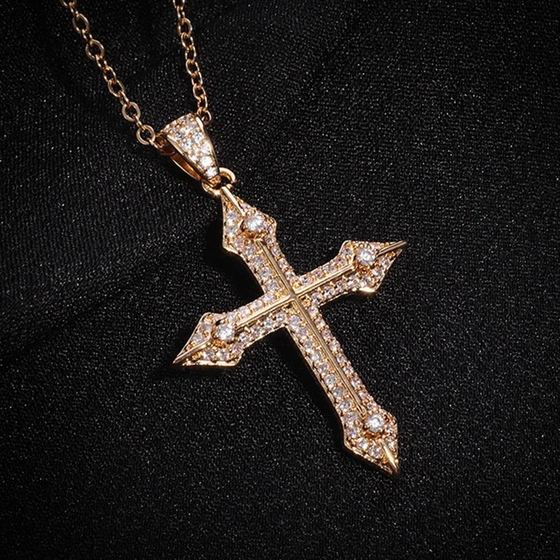 Shiny Ice Crystal Zircon Christian Cross Pendant Men and Women Hip Hop Trend Jewelry Catholic Amulet Necklace