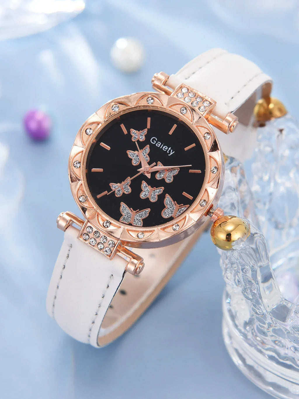 6pcs Luxury Watches Women's Ring Necklace Earrings Bracelet Set Watch Butterfly Leather strap Women's Quartz Watch No case