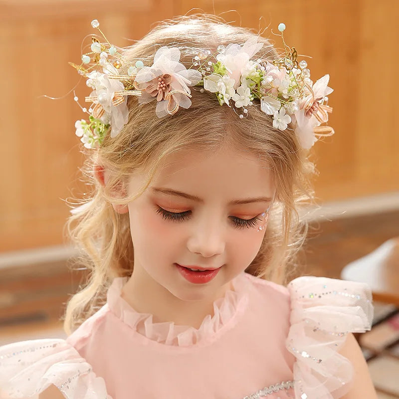 Spring Bohemian Girls Bridal Pearl Hair Headdress Flower Wreath Bride Garland Head Hoop Headbands Hair Jewelry Children Gifts