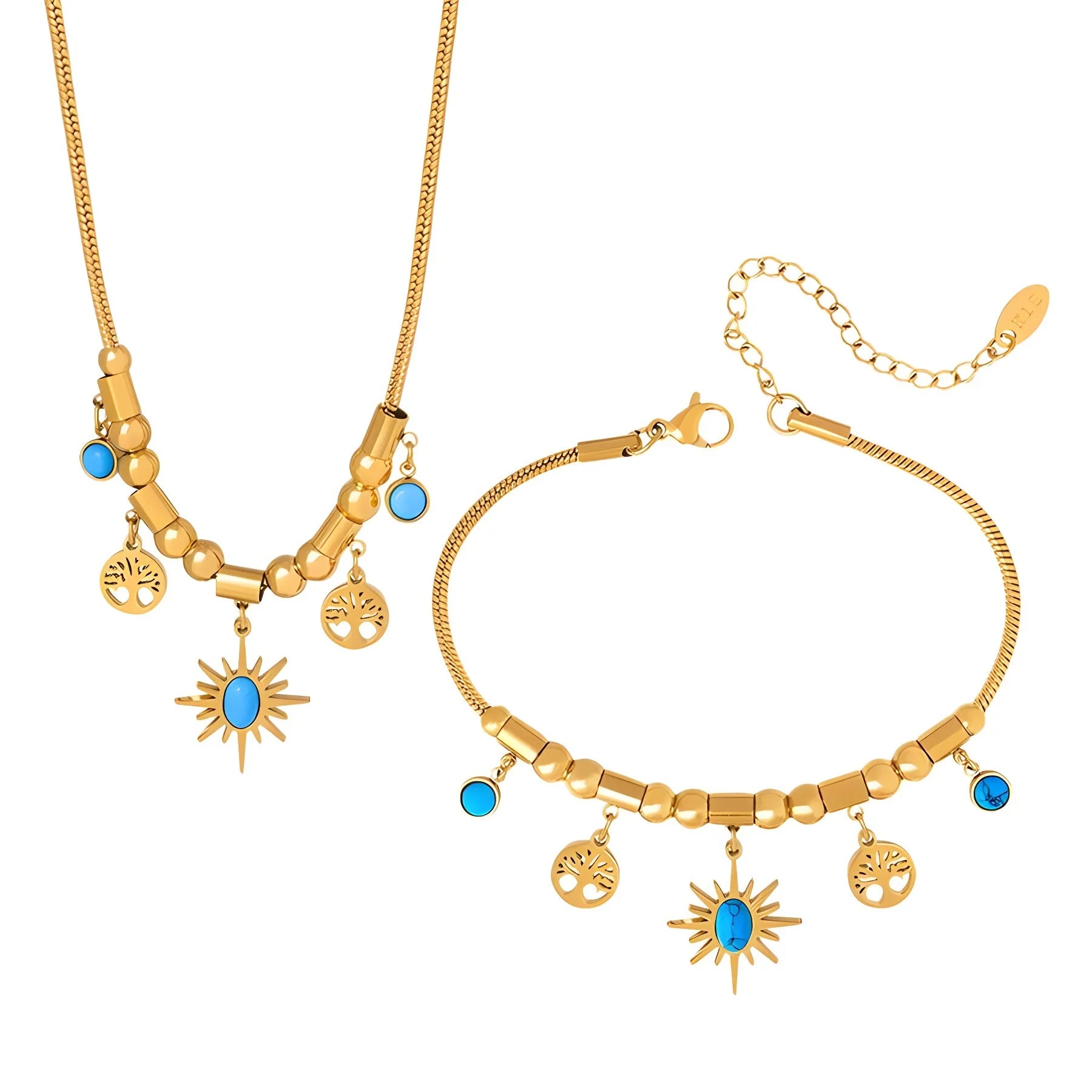 Stainless Steel Gold Color Round Green Stone Pendant Necklace For Women Vintage Ethnic Girls Chain Jewelry Gifts