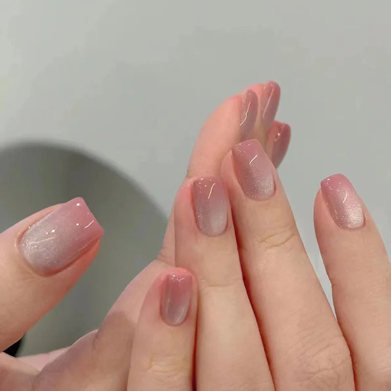 24pcs Suqare Head Press on Nails Cat Eye False Nails with Glue Simple French Nail Full Cover Glossry Nude Artificial Fake Nails
