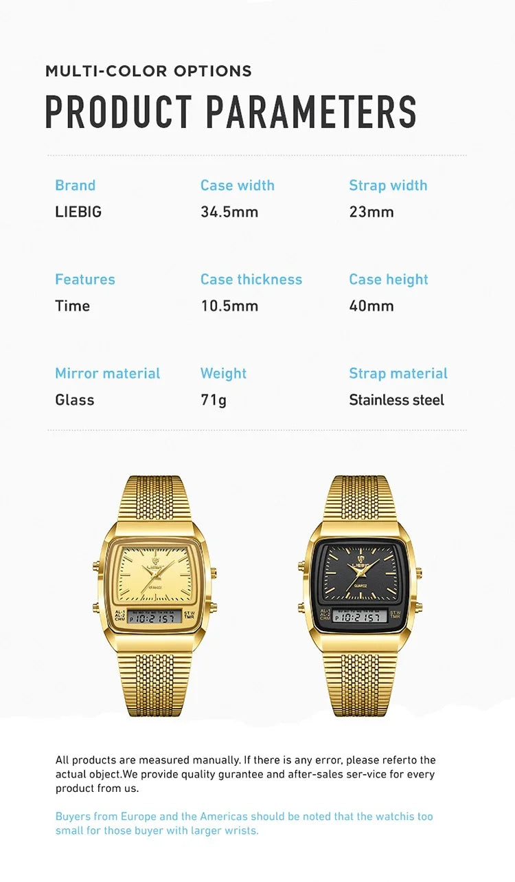 New Golden Steel Strap Quartz Sport Watch Mens Dual Time Week Display Digital Wristwatches Waterproof Clock Reloj Hombre