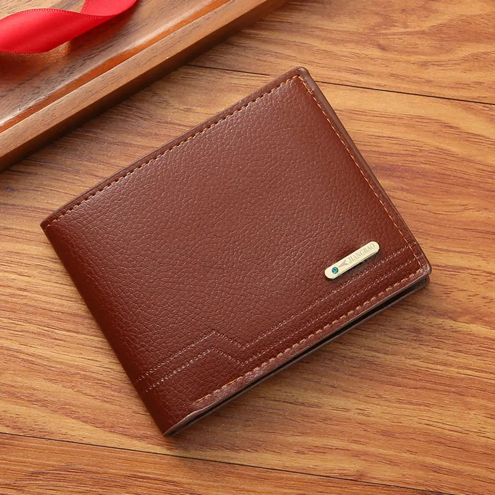 Lychee Texture PU Leather Men's Wallet Short Cash Purse Multi Card Slot Patchwork Card Holder Photo Holder Horizontal Money Clip