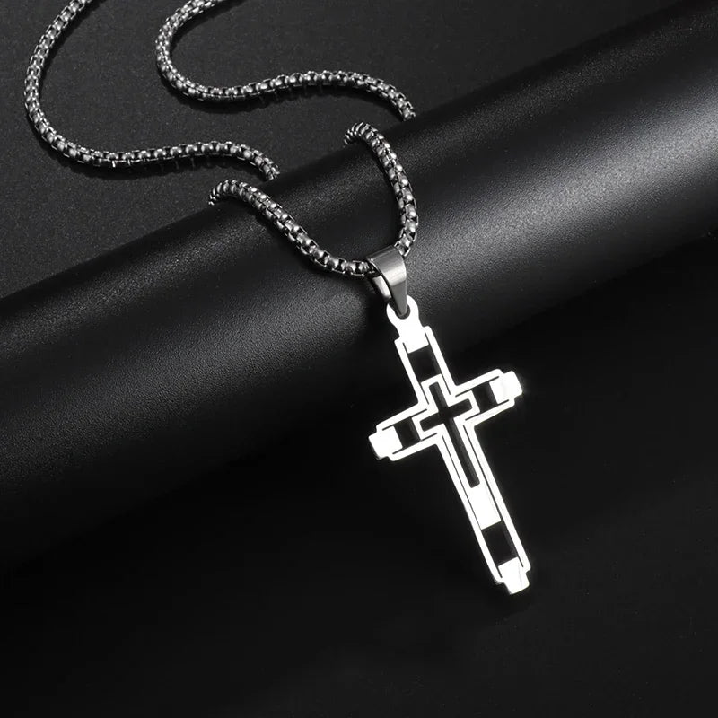 Catholic Jesus Cross Stainless Steel Pendant Necklace for Men Women Vintage Christian Prayer Jewelry