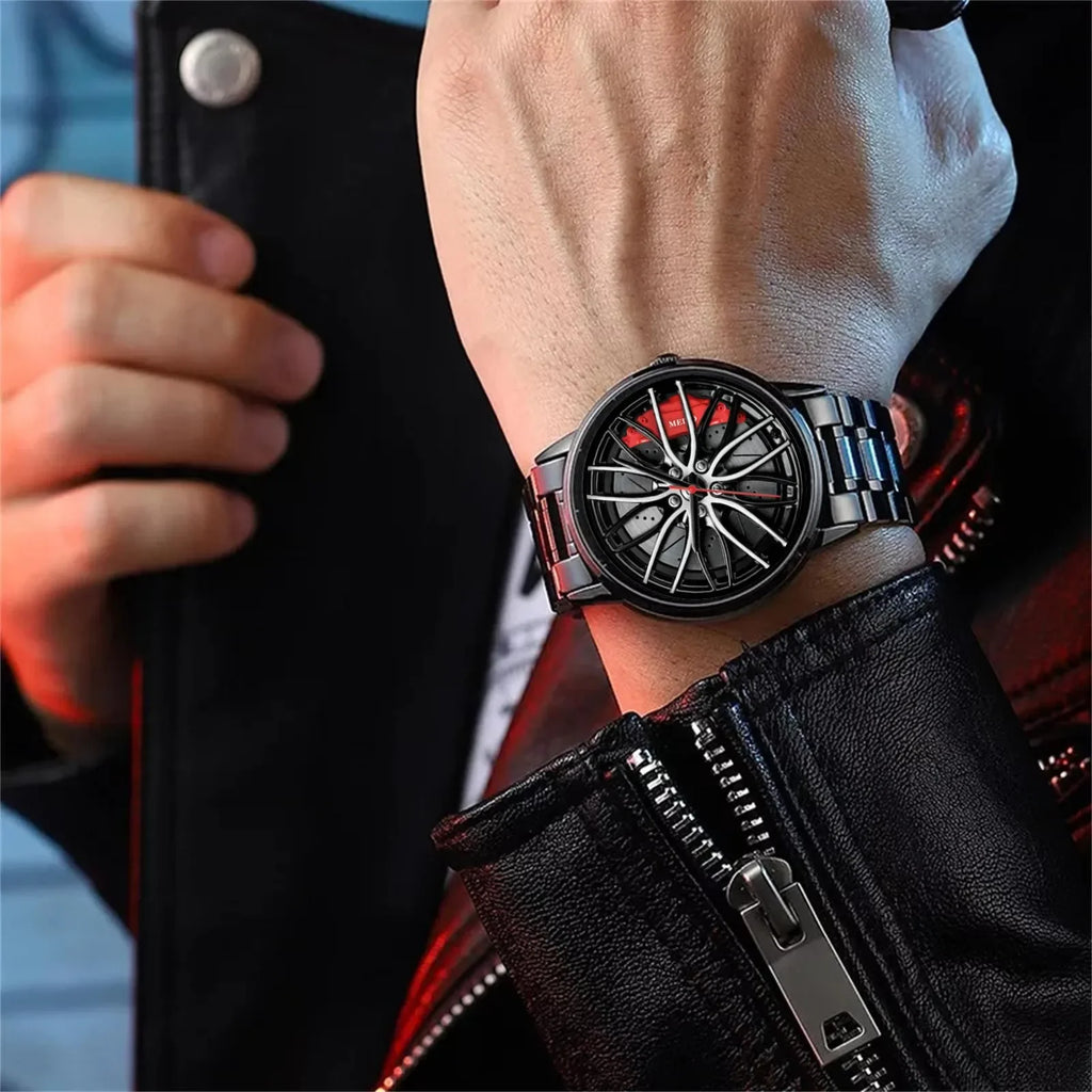 Car Watches for Men Stainless Steel Quartz Wrist Watch Sports Men Watches with Car Wheel Rim Hub Design Reloj Hombre