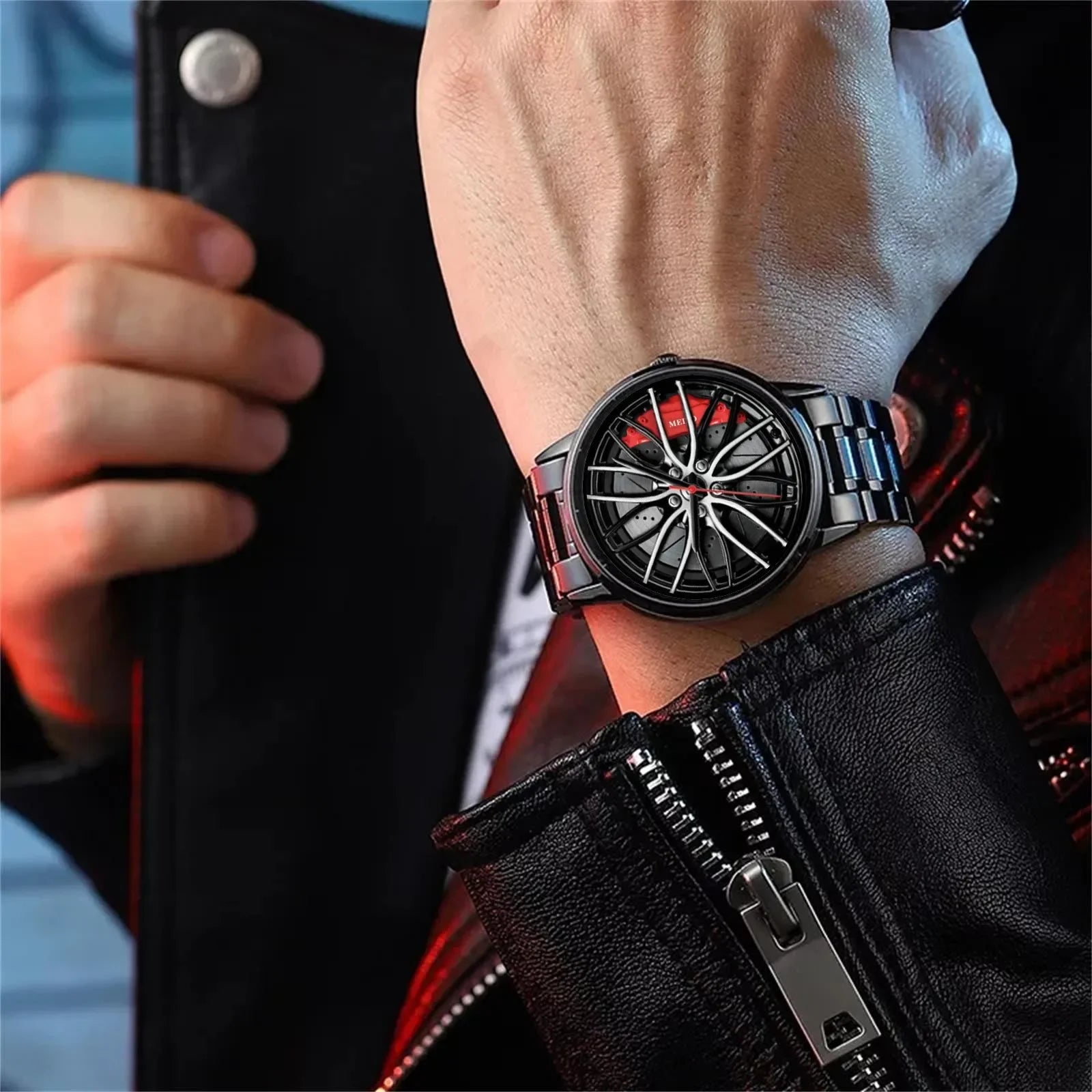 Car Watches for Men Stainless Steel Quartz Wrist Watch Sports Men Watches with Car Wheel Rim Hub Design Reloj Hombre