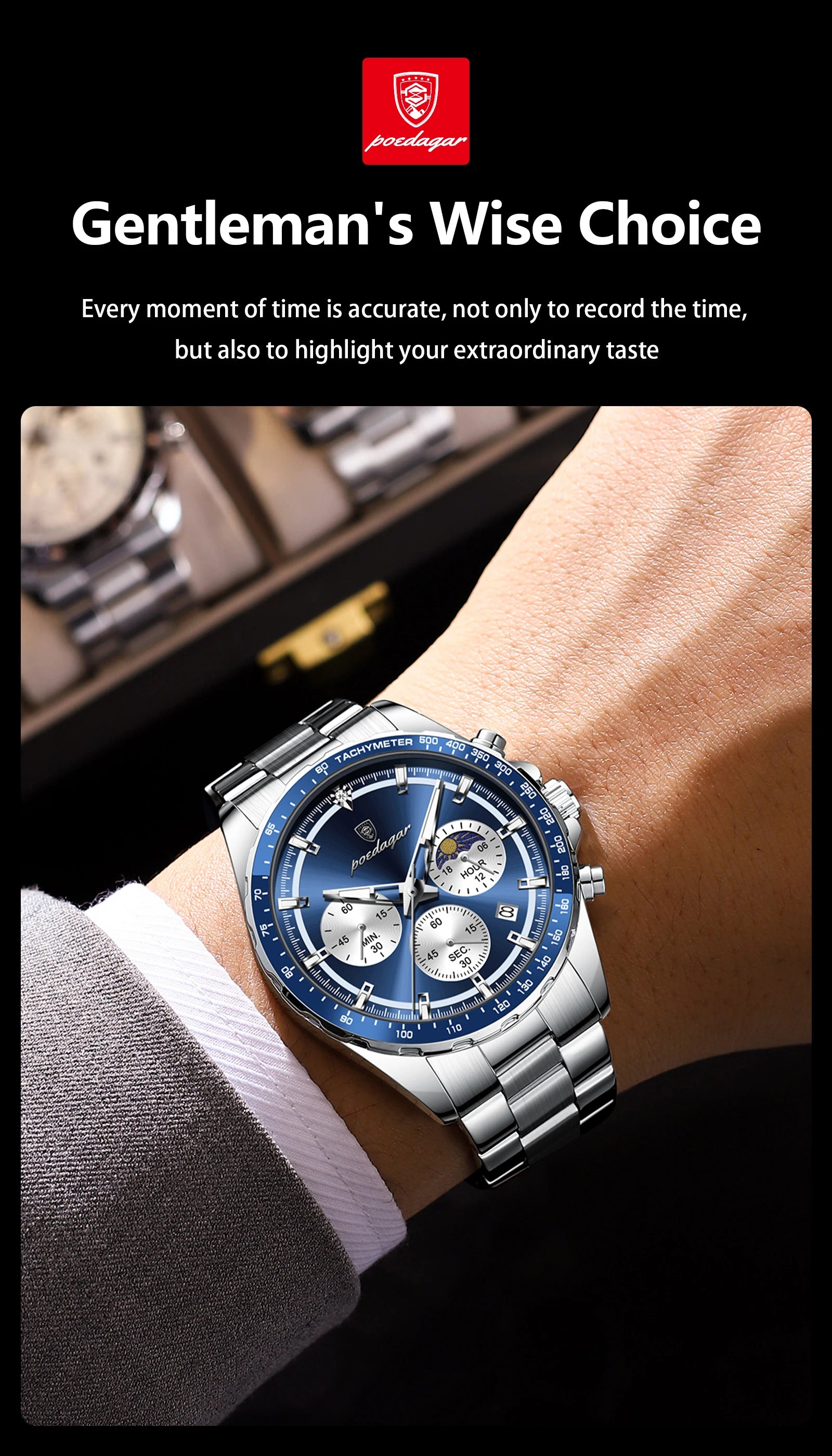 POEDAGAR Luxury Sport Watch For Men Waterproof Luminous Date Chronograph Man Wristwatch Stainless Steel Men's Quartz Watches+Box
