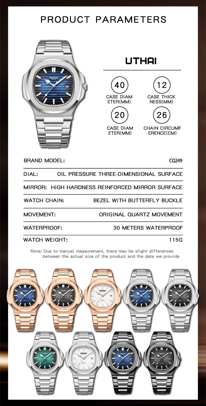 UTHAI CQ249 Luxury men's quartz Watch waterproof ultra-thin watch stainless steel Man watch clock sport Relo watches for man