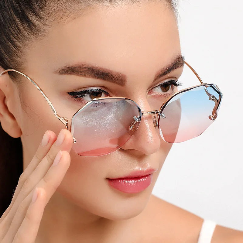 Luxury Round Gradient Sunglasses Women Metal Curved Temples Eyewear Ocean Rimless Fashion Sun Glasses Ladies UV400