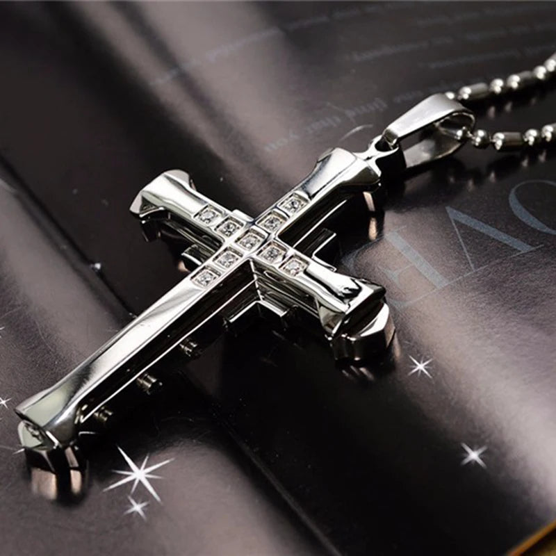 2025 Ins New Cross Pendant Necklace For Men Simple Cool Zircon Black Gold Color Stainless Steel Chain Hip Hop Punk Jewelry Gift