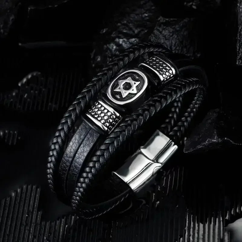 Fashion Star of David Multilayer Leather Braided Bracelet with Magnetic Clasp Men\\\\'s Vintage Judaica Amulet Jewelry