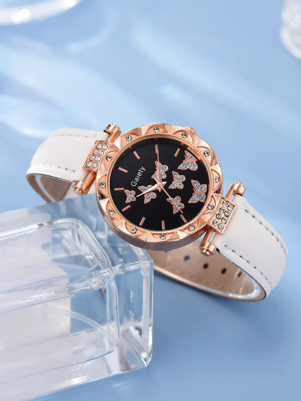 6pcs Luxury Watches Women's Ring Necklace Earrings Bracelet Set Watch Butterfly Leather strap Women's Quartz Watch No case