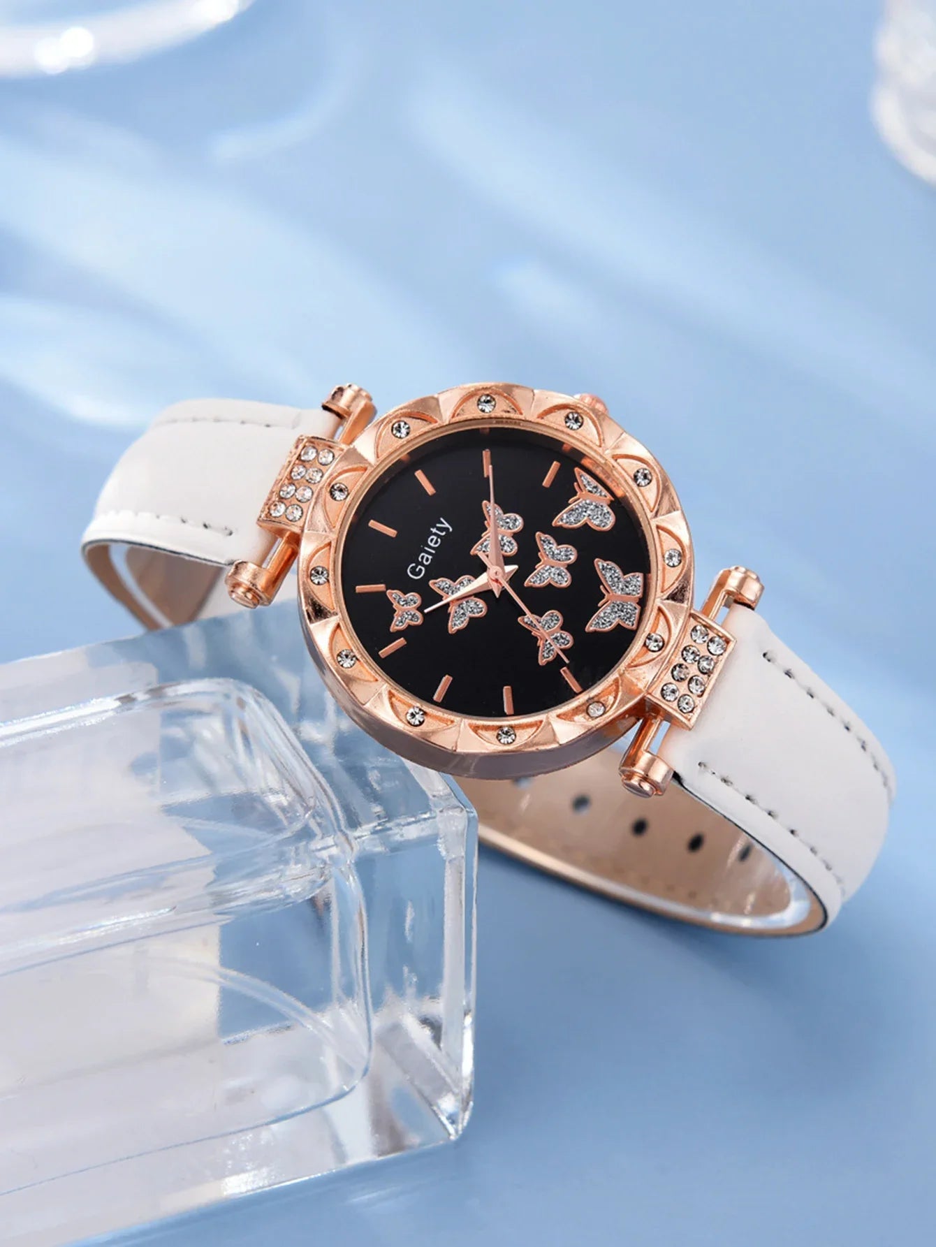 6pcs Luxury Watches Women's Ring Necklace Earrings Bracelet Set Watch Butterfly Leather strap Women's Quartz Watch No case