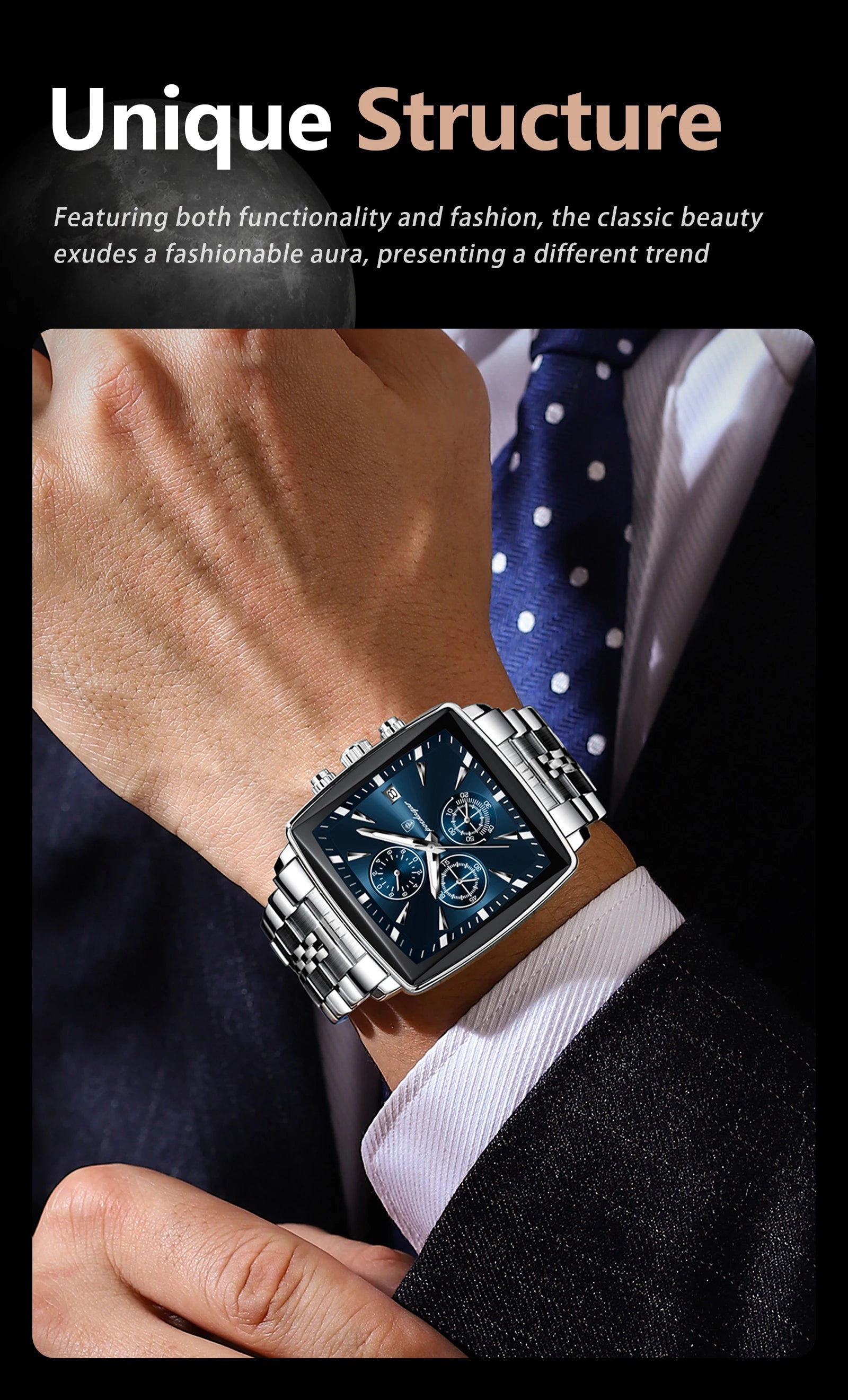 POEDAGAR Square Men Watch Waterproof Luminous Chronograph Calendar Man Wristwatch Stainless Steel Quartz Men's Watches+Box Reloj