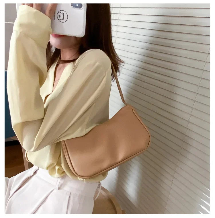 New PU Leather Women's Handbags Solid color Underarm Bag Fashion Armpit Shoulder Bag Simple Design Girls Small Shoulder Bags