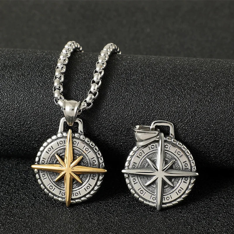 Two Tone Compass Pendant men's Necklace Stainless Steel Retro Hip-hop Style Silver Color Neck Chain Fashion Jewelry Wholesale