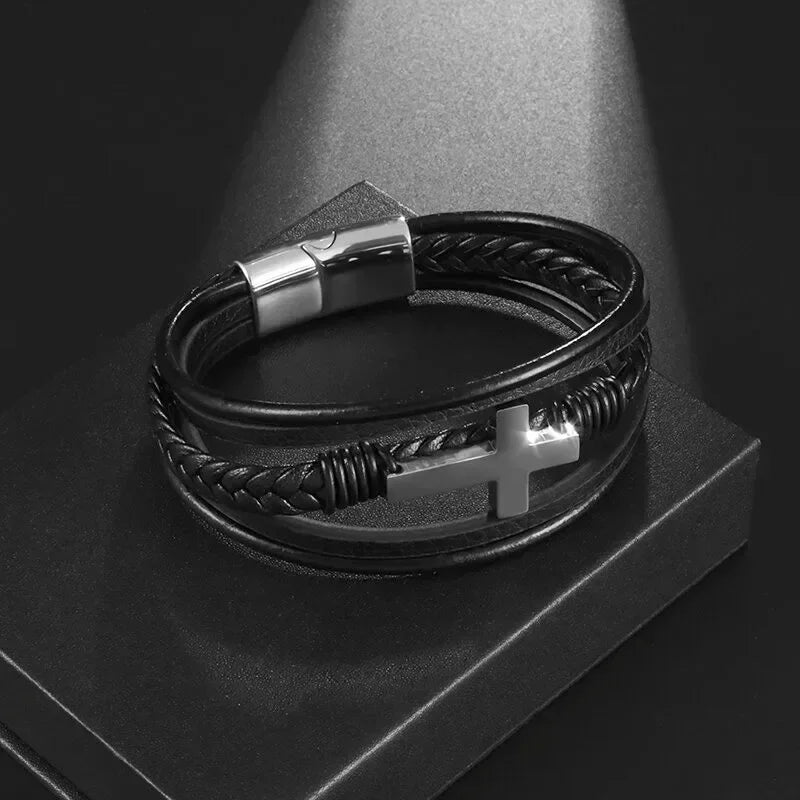 Classic Vintage Magnetic Buckle X Pendant Black Leather Bracelet, Suitable for Men\\\\\\'s Fashion Casual Rock Jewelry