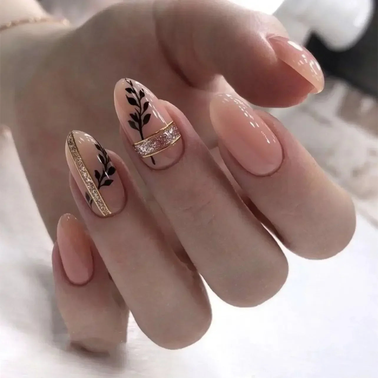 24pcs winter fall leaves brown black false nails with almond French artificial nails with glue short stiletto fake press on nail