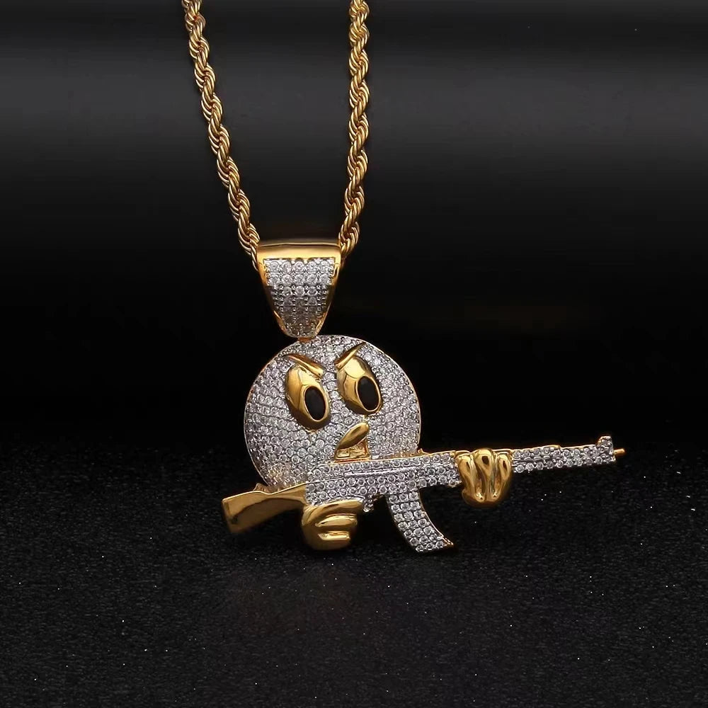 Hip-Hop Cartoon Round Face Gun Ak-47 Necklace Iced Out Pendant Gold Color Cubic Zirconia Men's Hip-Hop Rock Rap Jewelry