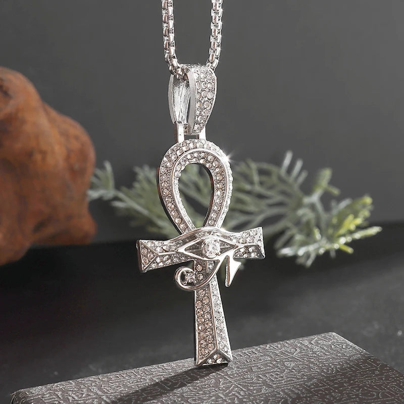 Shining Iced Out Ancient Egyptian God Eye of Horus Cross Pendant Necklace for Men and Women Hip Hop Trendy Amulet Jewelry Gift