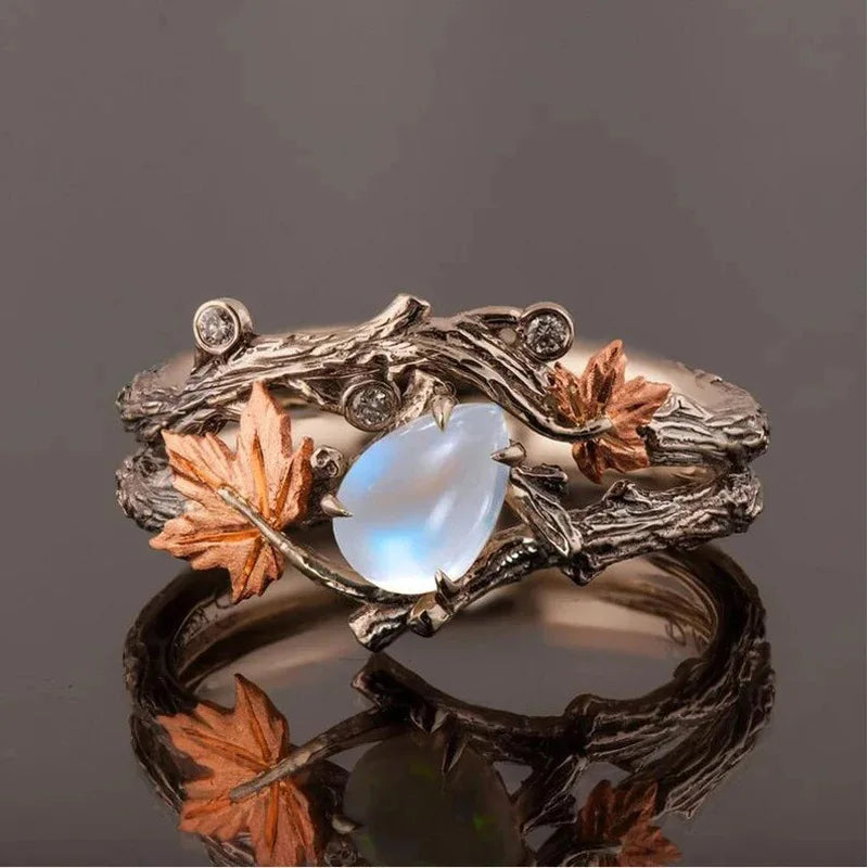 Vintage Antique Gold Twig Maple Leaf Moonstone Ring for Women Girls Light Luxury Ring Jewelry Accessories Anniversary Gifts