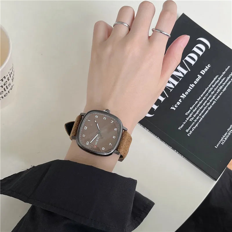 Brand Quartz Watch Youth Student Watch Vintage Square Dial Leather Belt Wristwatch Casual Fashion Men Women Gift Clock Wholesale