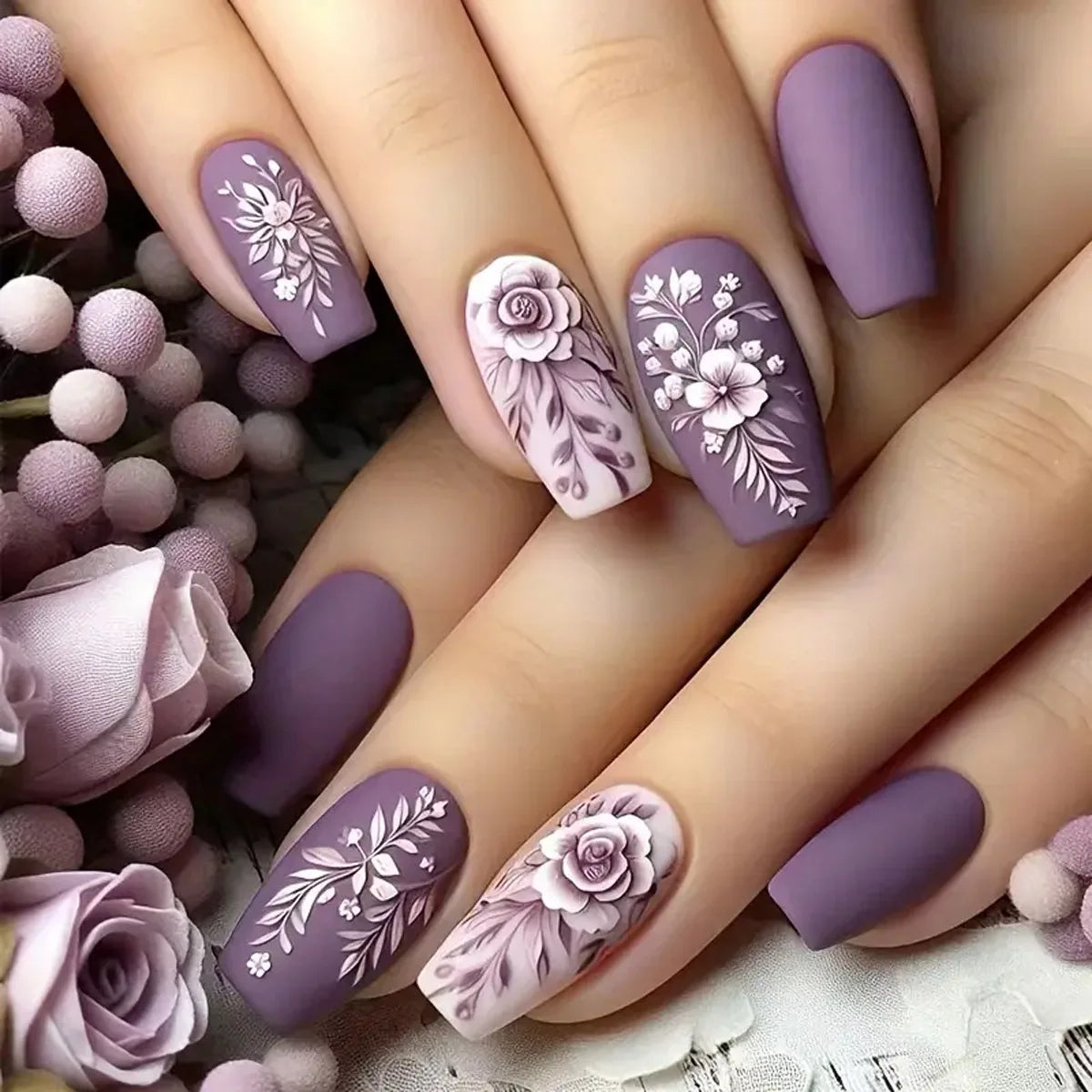 24pcs Mini Flower Press on Nails with Glue Painting Floral Acrylic Fake Nails Spring Design Short Square False Nails for Girls