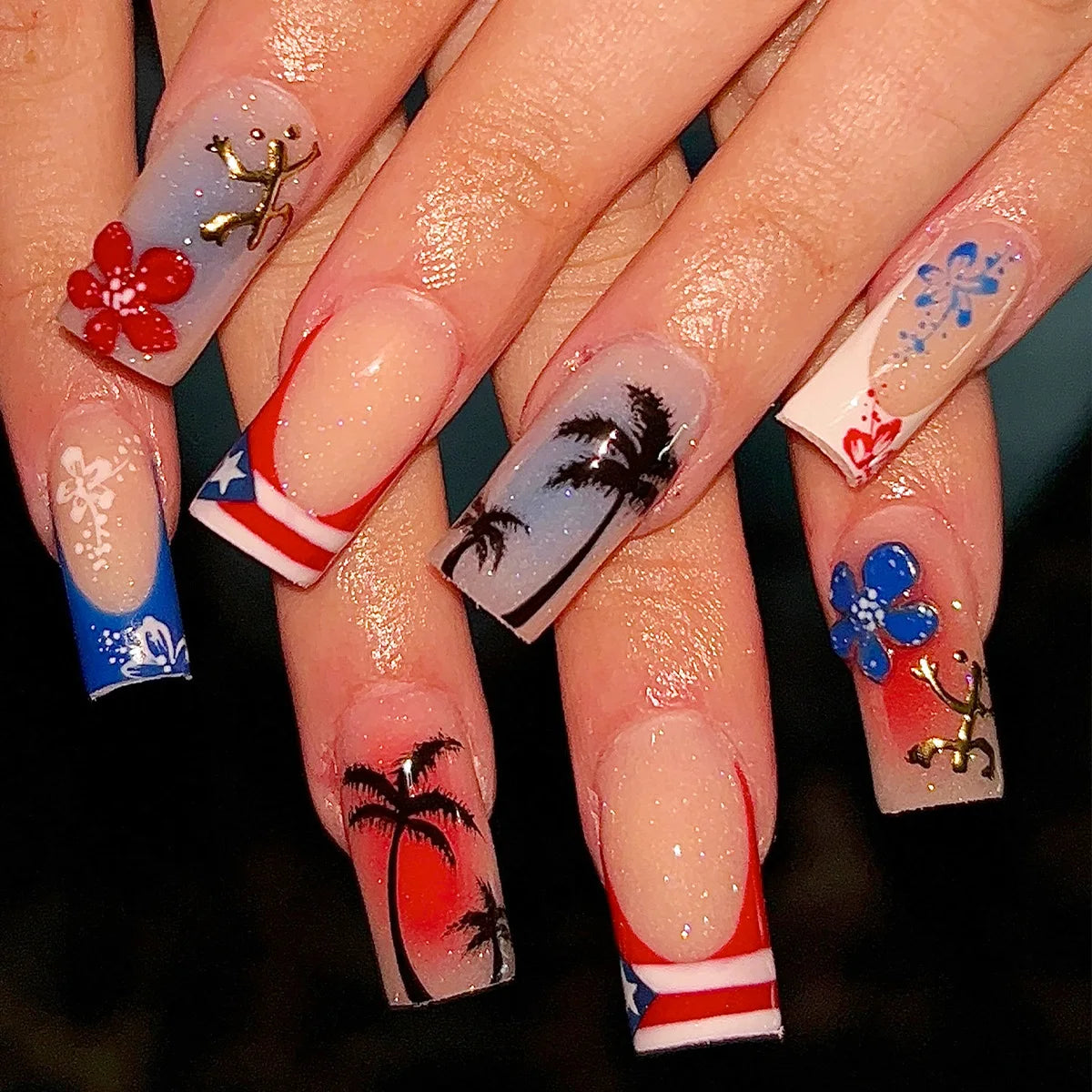 24Pcs Sweet Medium Square False Nails with Glue Blush Pink Flowers Fake Nails Full Cover French Acrylic Press on Nails for Girls