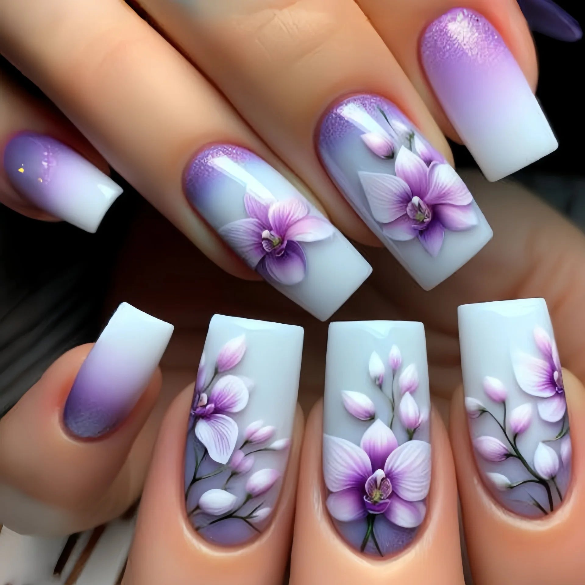 24Pcs Sweet Cool Coffin Fake Nails Butterfly Flower Acrylic Nail Glitter Glossy False Nail Full Cover Autumn Press on Nails Tips