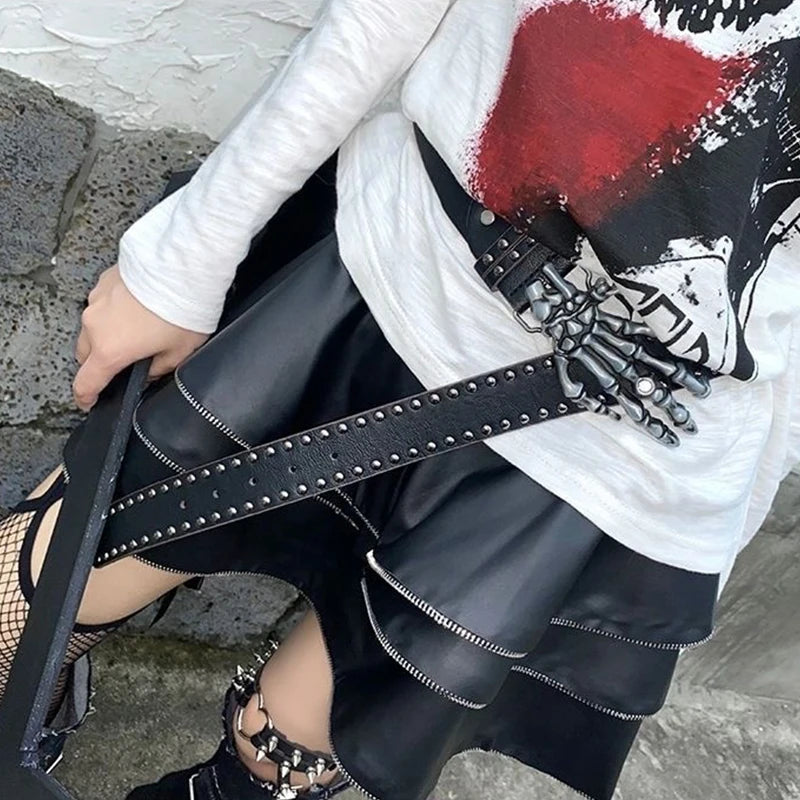 Halloween Skeleton Hand Belt Skull Casual Gothic Men Belt Vintage Snap Buckle Beaded Hip Hop Rock Cowboy Decoration Punk Belts