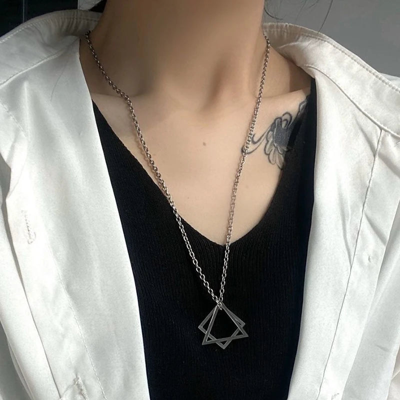 Triangle Square Necklace For Men Hip Hop Style Silver Color Geometric Pendant Stainless Steel Chain Trendy Couple Jewelry Gifts
