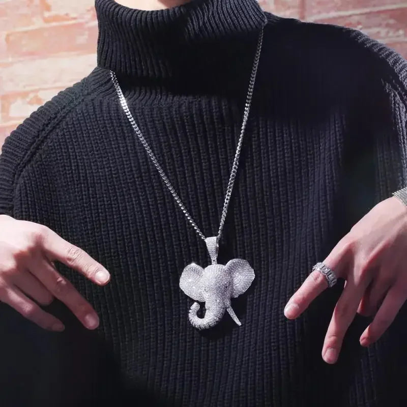 Hip Hop Cubic Zirconia Pave Bling Iced Out Elephant Pendant Animal Necklace Men Women Hip Hop Cool Rap Jewelry Birthday Gift