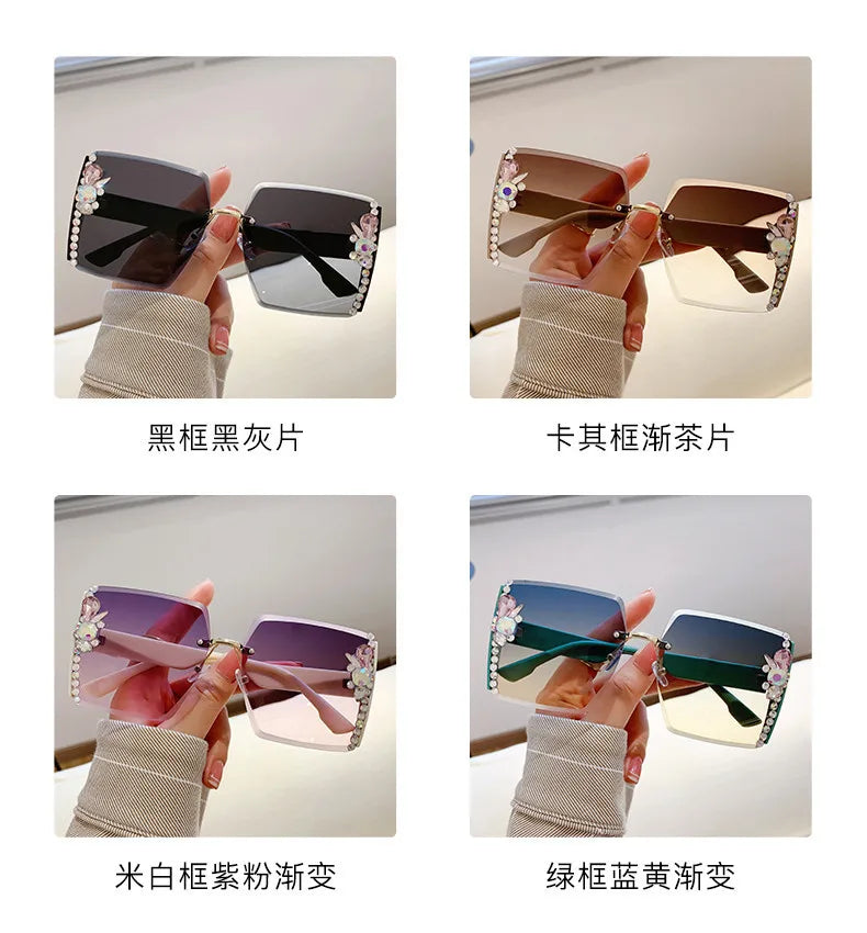 Fashion Oversized Square Sunglasses Women Luxury Brand Vintage Rimless Sun Glasses Diamond Decoration Eyeglasses UV400 Gafas