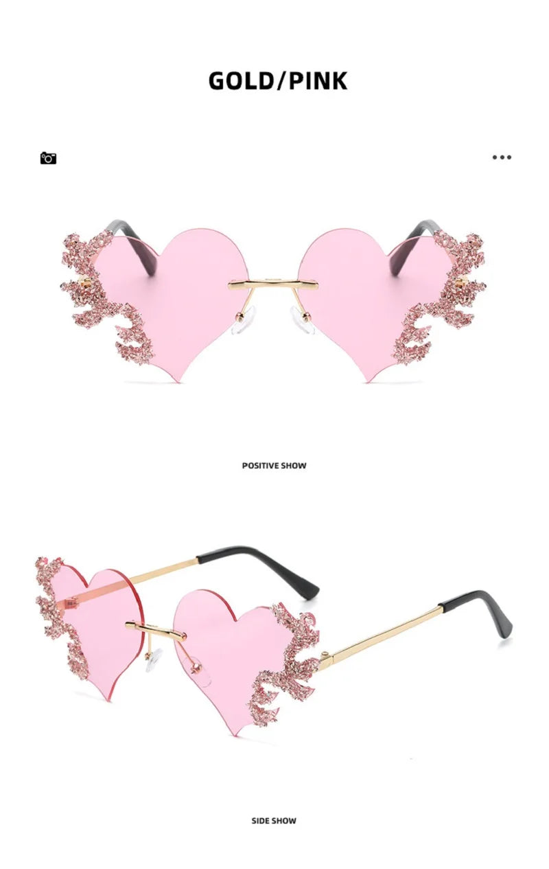 2024 Fashion Heart Shaped Sunglasses Luxury Diamond Funny Personality Rimless Sun Glasses Halloween Party Christmas Decoration