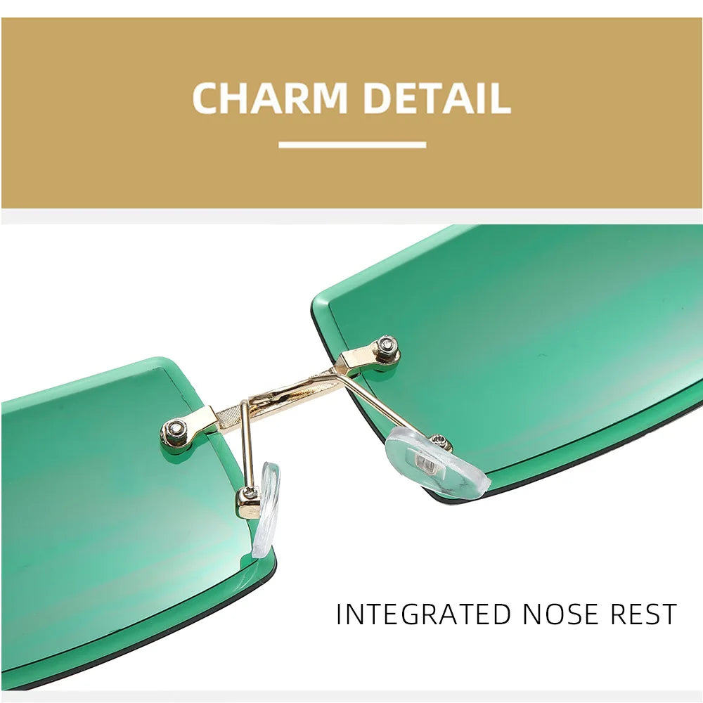 Fashion Rimless Sunglasses Solid Green Ocean Lens Eyewear Women Street Shooting Catwalk Glasses Vintage Brand Beach Sun Glasses