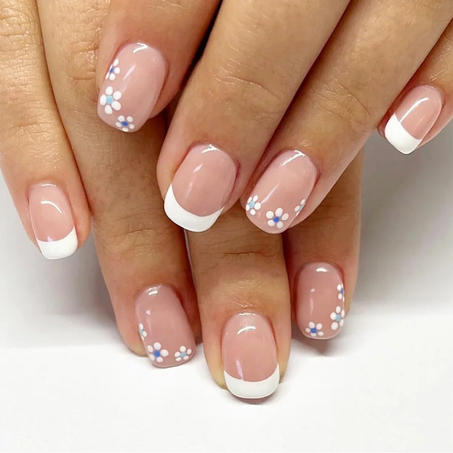 24pcs French Fake Nails Glitter Flower False Nails Short Square Press on Nails White Striped Nail Art for Colorful Spring Summer