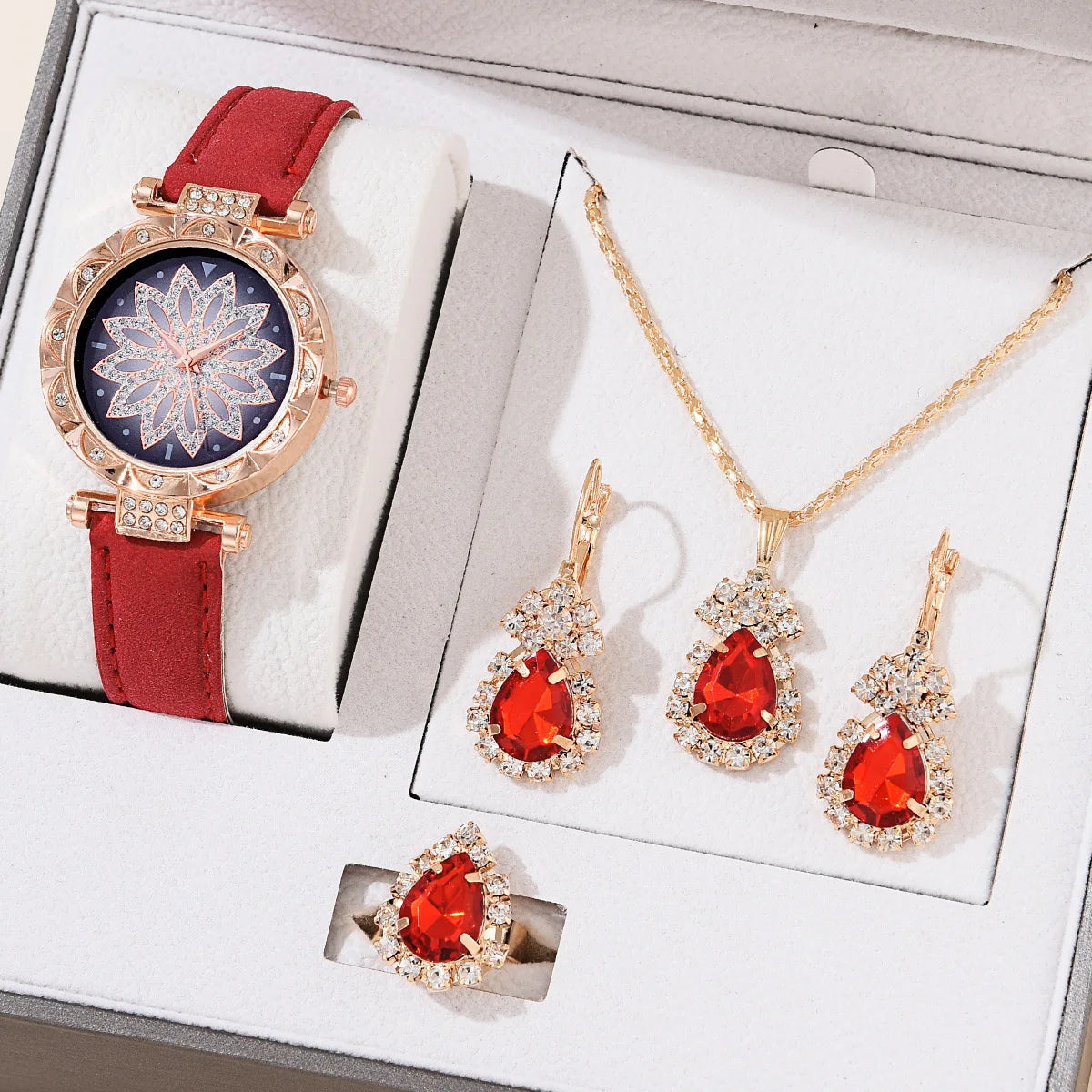 Ladies Watch 5pcs Set Watches for Women Leather Band Simple Casual Women's Analog WristWatch Bracelet Gift Montre Femme (No Box)