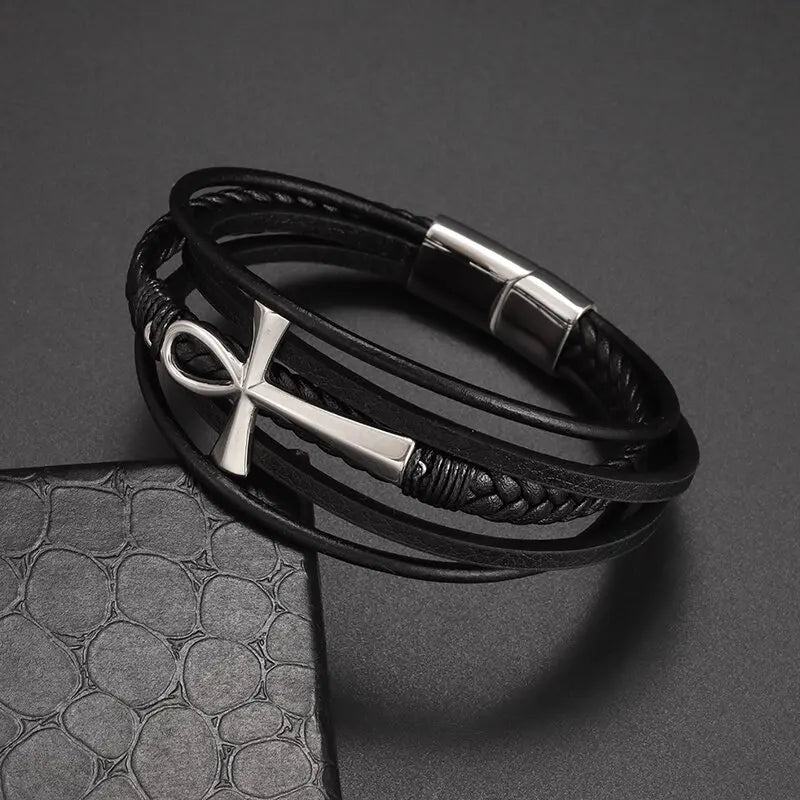 Vintage Hand Woven Eco-Friendly Leather Cross Bracelet with Magnetic Clasp Men\'s Fashion Pendant Religious Amulet Jewelry