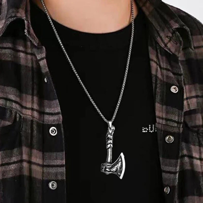 Punk Style men's Necklace With Viking Axe Pendant Silver Color Vintage Wolf Pattern Hip Hop Rock Jewelry Neck Accessories Gifts