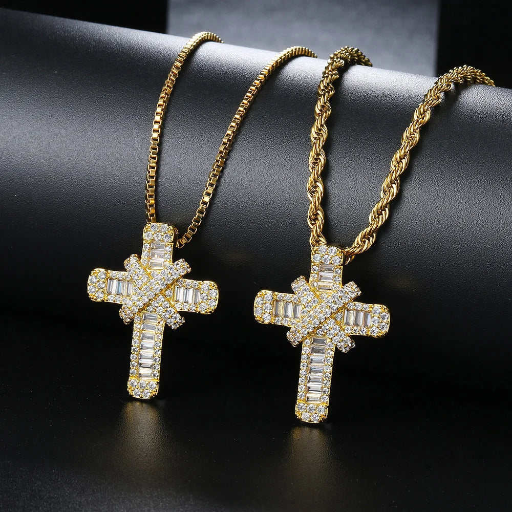 Hip Hop Cross Pendant Rope Box Chain Necklaces for Men Women Luxury Inlaid CZ Punk Personality Rapper Accessory Fashion Jewelry