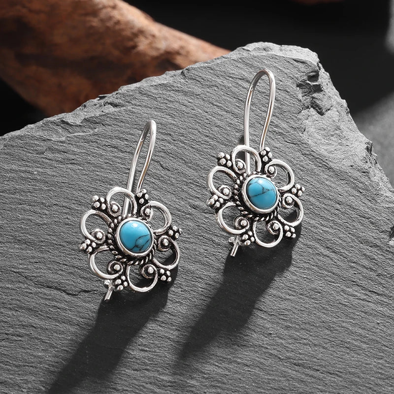 Beautifully Inlaid Blue Turquoise Flower Hypoallergenic Earrings for Women Stylish Elegant Banquet Jewelry